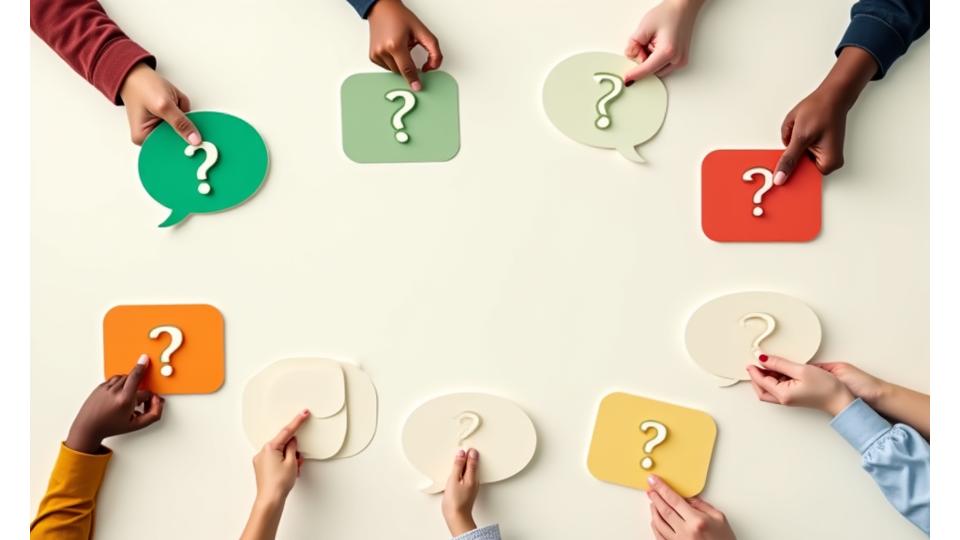 Diverse hands holding up speech bubbles and feedback cards, representing collective input and ideas
