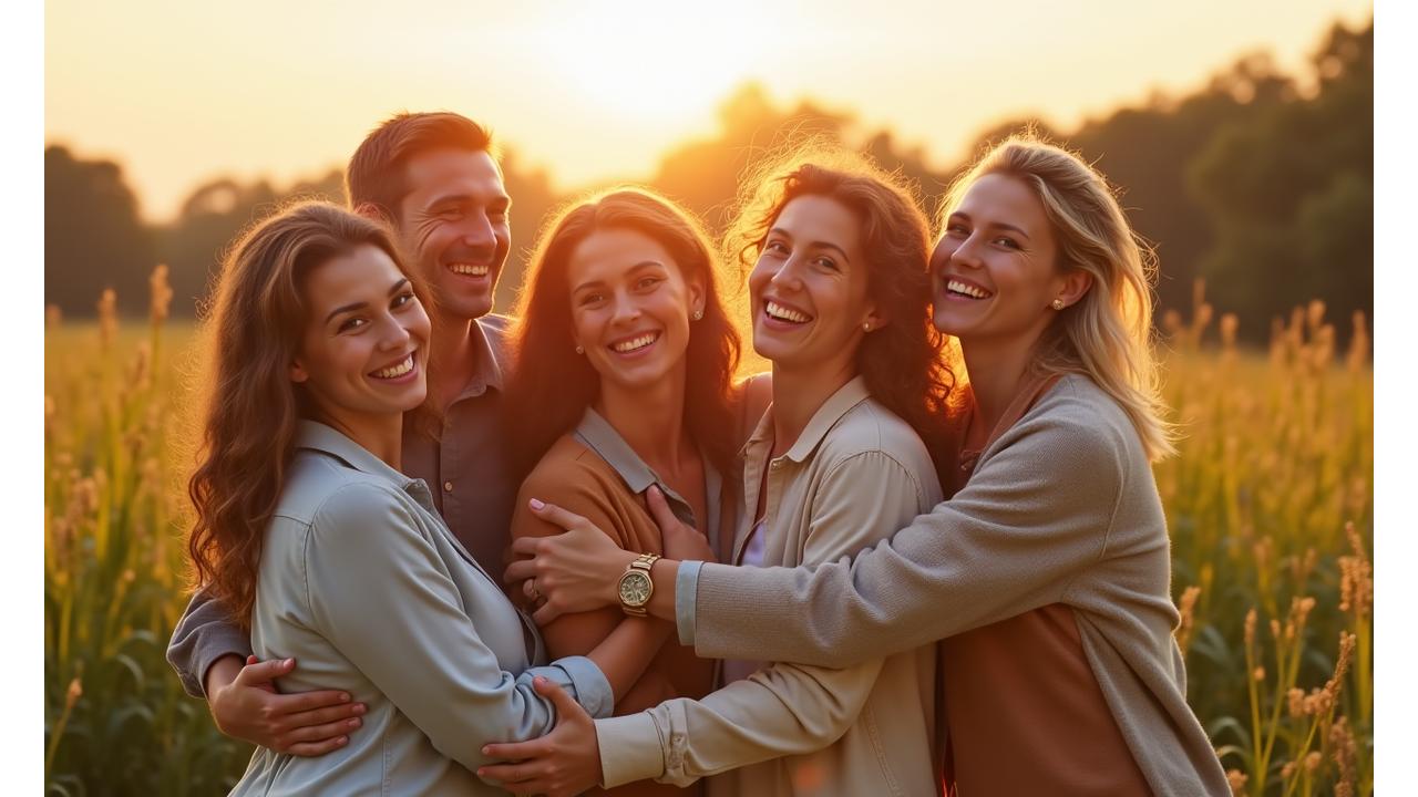 A diverse group of cheerful adults aged 35-65 embracing and smiling, symbolizing community connection and support