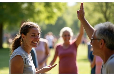 Diverse group of adults cheering each other on during a light outdoor activity, demonstrating team support.
