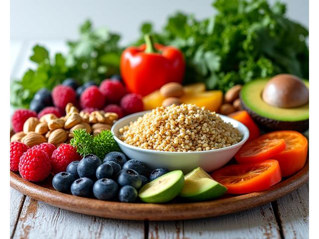 A vibrant and colorful spread of fresh, whole foods like fruits, vegetables, nuts, and healthy grains, arranged artistically to represent healthy eating.