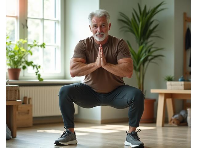 An active senior adult performing a low-impact strength exercise with good form, demonstrating physical strength and balance.