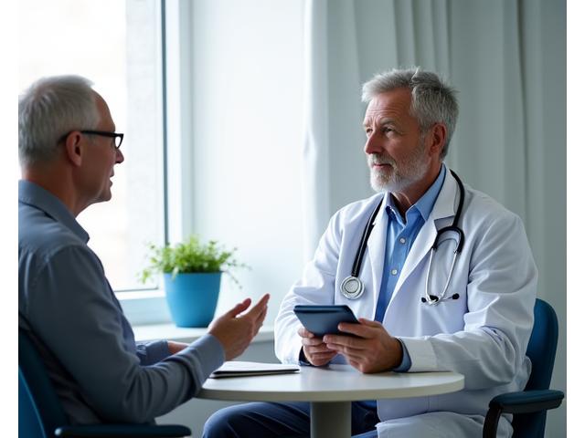 A doctor reviewing health charts with an engaged mature patient in a clean, modern clinic setting, symbolizing preventive care and proactive health management.