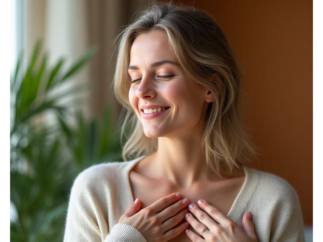 Person with a serene expression, hands over heart, representing emotional balance