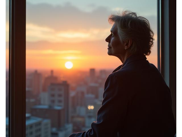 Person looking thoughtfully out a window during sunset