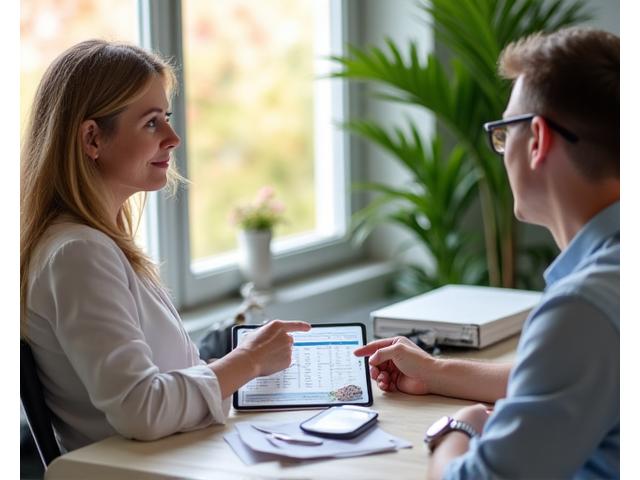 Professional nutritionist conducting an in-depth consultation with a client, reviewing detailed health forms on a tablet.