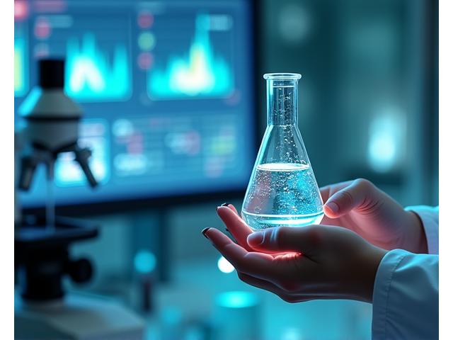 Scientist in a lab coat examining a functional lab test result, with blurred laboratory equipment in the background.