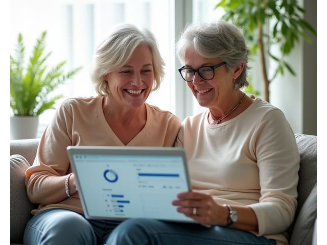 A wellness coach and client reviewing progress on a laptop with a calm, supportive interaction.