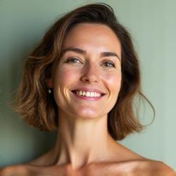 Portrait of Sarah Jensen, a calm and centered woman in her early 40s, embodying tranquility and wisdom.