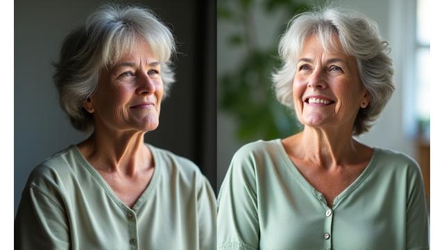 Before/after split image of Jennifer, previously appearing anxious, now looking radiant and balanced.