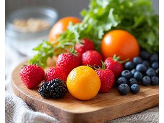 Fresh, vibrant fruits and vegetables alongside whole grains, symbolizing wholesome nutritional guidance.