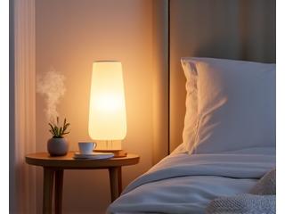 A serene bedroom scene with soft lighting, a comfortable bed, and sleep-inducing elements like an eye mask and herbal tea.