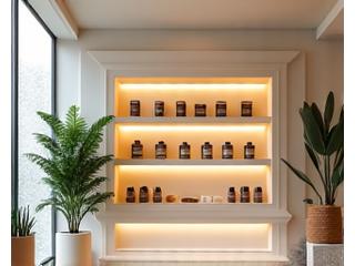 Clean, modern interior of 'Holistic Haven Wellness Center' with shelves stocked with wellness items.