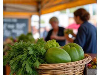 A vibrant farmers' market stall in Austin, Texas, showcasing fresh produce and local artisan goods.