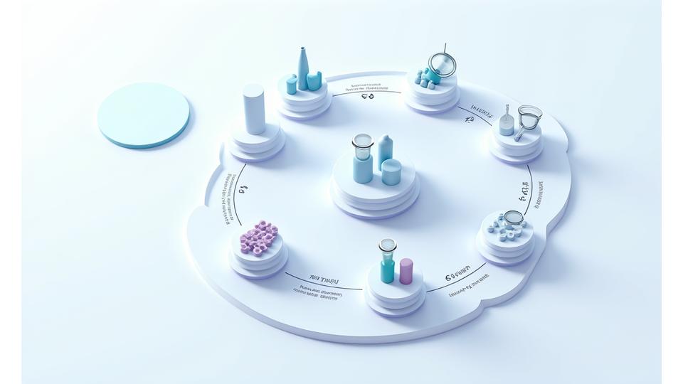 An infographic depicting a circular product testing process with icons for research, testing, review, and approval.
