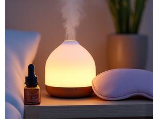 A small, elegant diffuser emitting a calming lavender mist, placed next to a plush pillow.