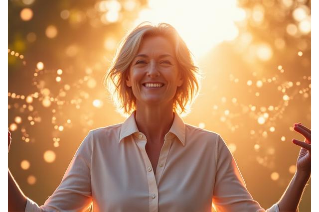 Woman feeling energetic and vibrant, with abstract representations of cellular energy and metabolism around her.