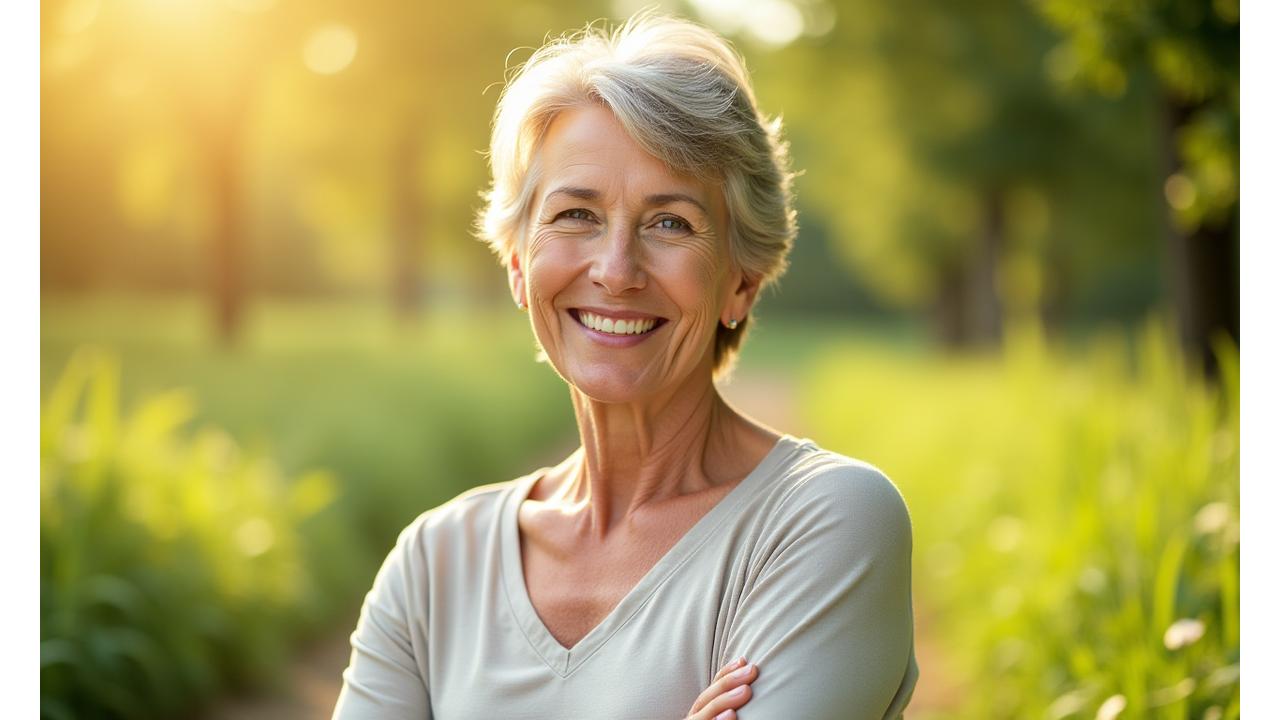 Confident woman in her 40s or 50s smiling in nature, symbolizing vitality and health.